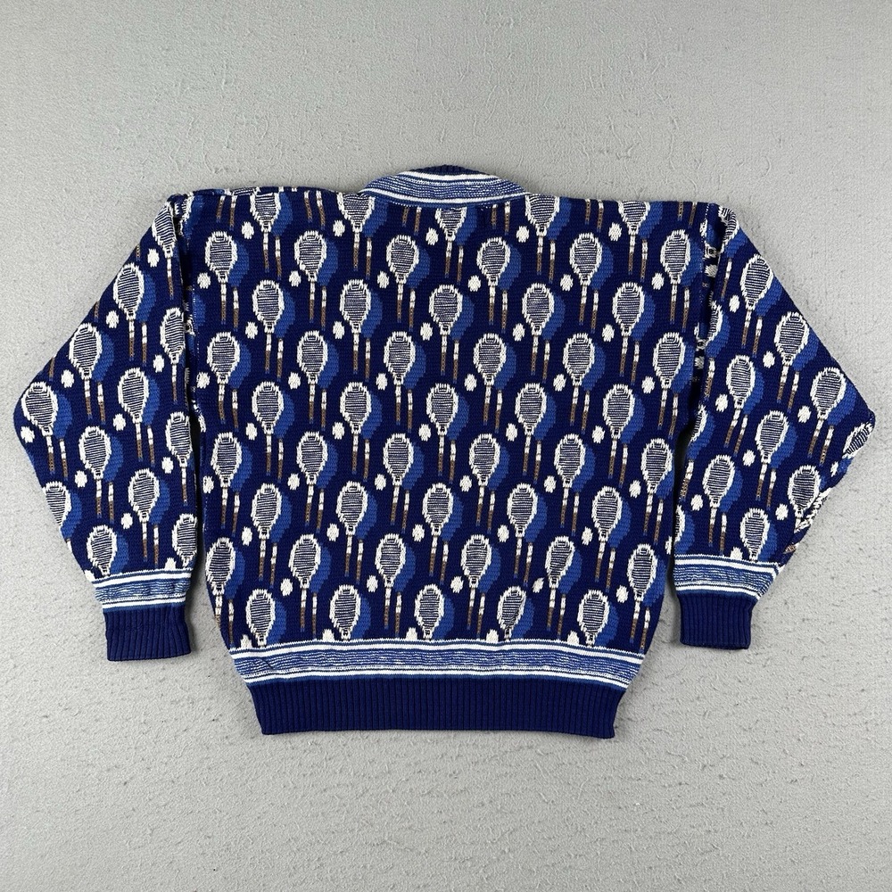Vintage Tennis Sweater Men's Medium Blue AOP Racket V Neck Knit Pullover - Picture 16 of 16
